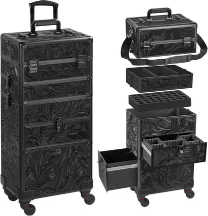 Rolling Makeup Case with Drawer, Makeup Train Case, 4 in 1Cosmetology Case on Wheels, Christmas Gift, Large Makeup Case Organizers, Profesional Cosmetic Case for Salon Barber, Light pink