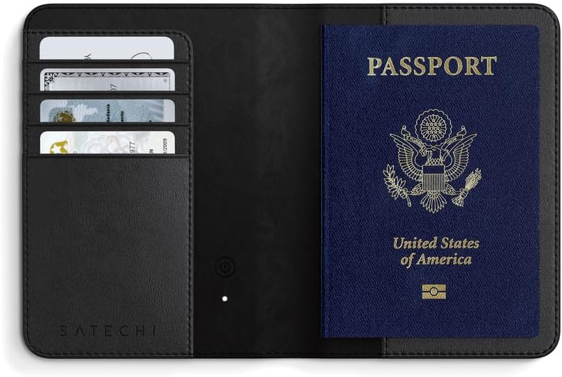 Passport Holder for Travel with Find My, Passport Cover with 4 Card Holder, Wireless Charging, and RFID protection – Travel Essential Vegan Leather Passport Holder – Black