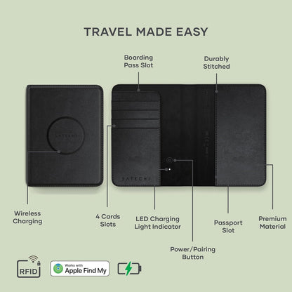 Passport Holder for Travel with Find My, Passport Cover with 4 Card Holder, Wireless Charging, and RFID protection – Travel Essential Vegan Leather Passport Holder – Black