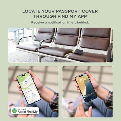 Passport Holder for Travel with Find My, Passport Cover with 4 Card Holder, Wireless Charging, and RFID protection – Travel Essential Vegan Leather Passport Holder – Black
