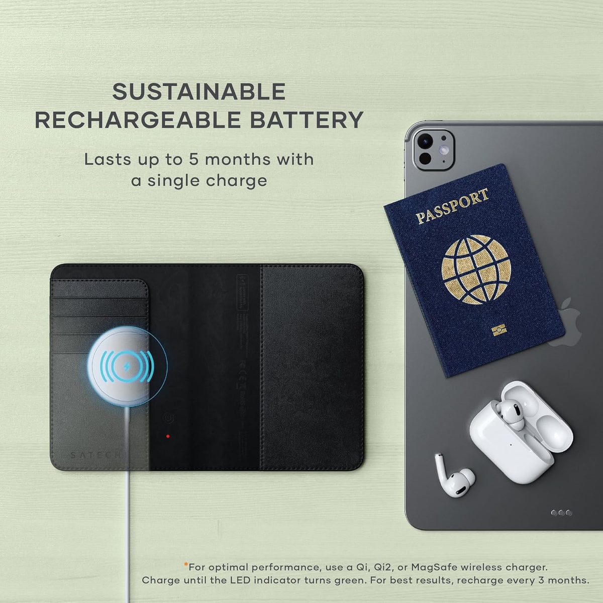 Passport Holder for Travel with Find My, Passport Cover with 4 Card Holder, Wireless Charging, and RFID protection – Travel Essential Vegan Leather Passport Holder – Black
