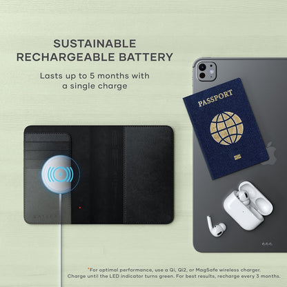 Passport Holder for Travel with Find My, Passport Cover with 4 Card Holder, Wireless Charging, and RFID protection – Travel Essential Vegan Leather Passport Holder – Black