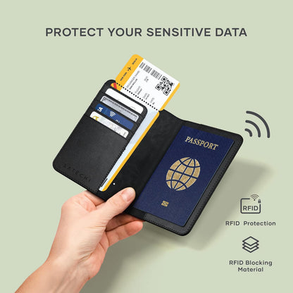 Passport Holder for Travel with Find My, Passport Cover with 4 Card Holder, Wireless Charging, and RFID protection – Travel Essential Vegan Leather Passport Holder – Black
