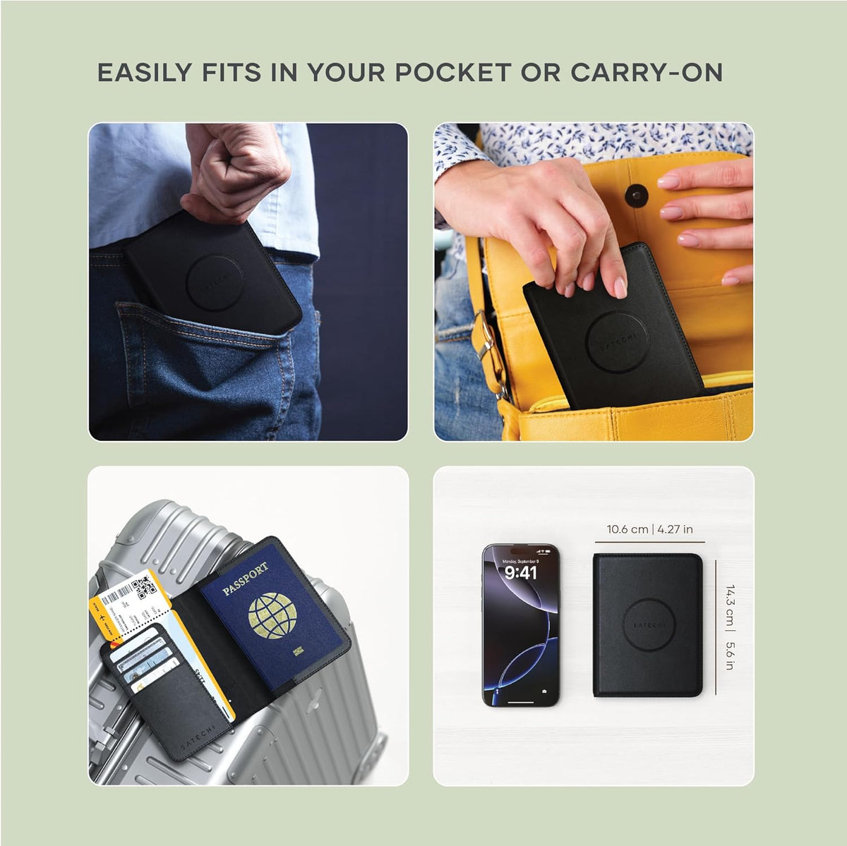 Passport Holder for Travel with Find My, Passport Cover with 4 Card Holder, Wireless Charging, and RFID protection – Travel Essential Vegan Leather Passport Holder – Black