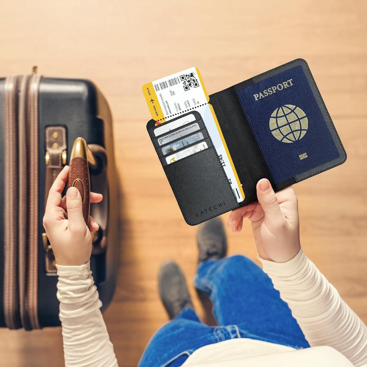 Passport Holder for Travel with Find My, Passport Cover with 4 Card Holder, Wireless Charging, and RFID protection – Travel Essential Vegan Leather Passport Holder – Black
