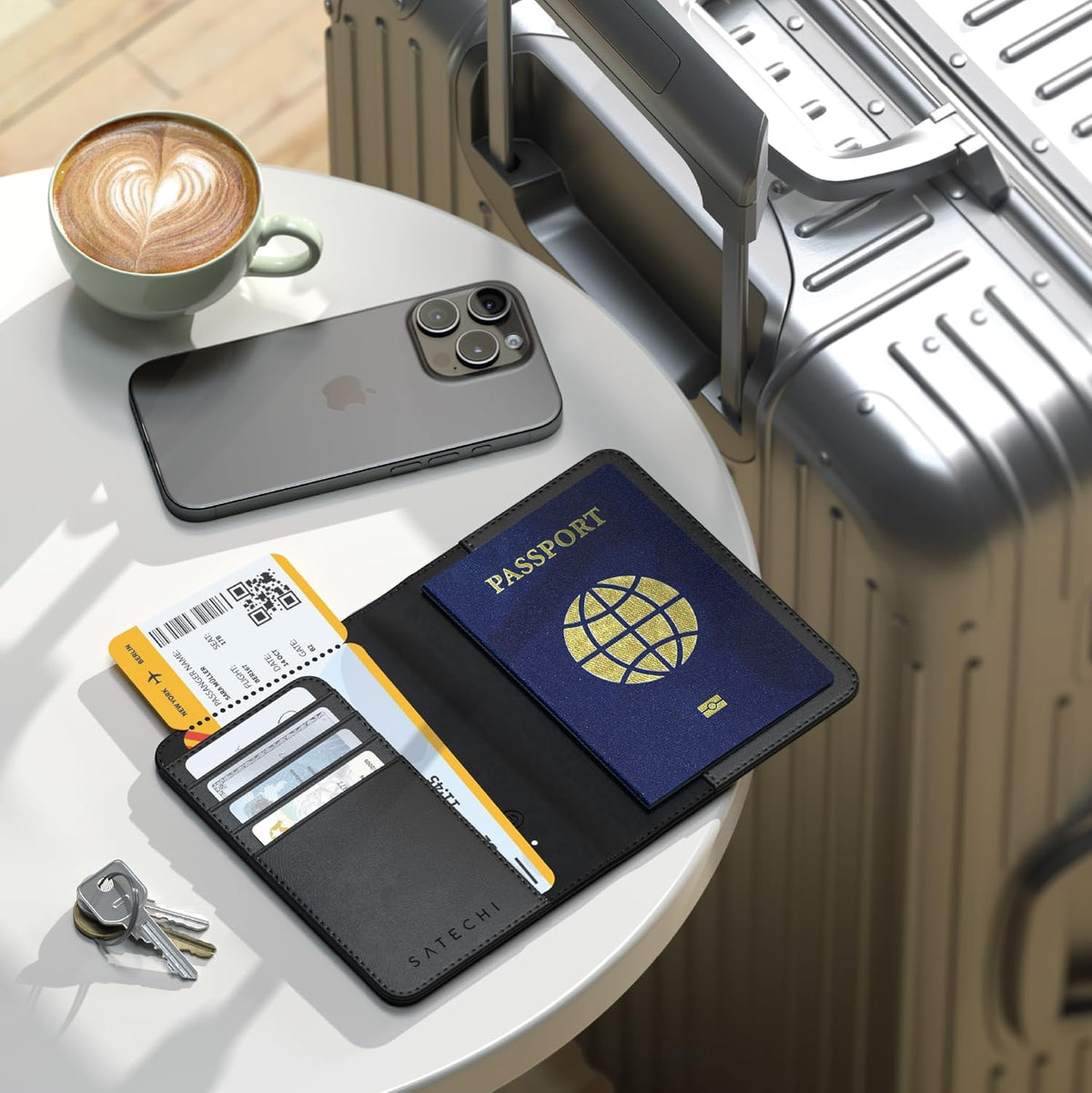 Passport Holder for Travel with Find My, Passport Cover with 4 Card Holder, Wireless Charging, and RFID protection – Travel Essential Vegan Leather Passport Holder – Black