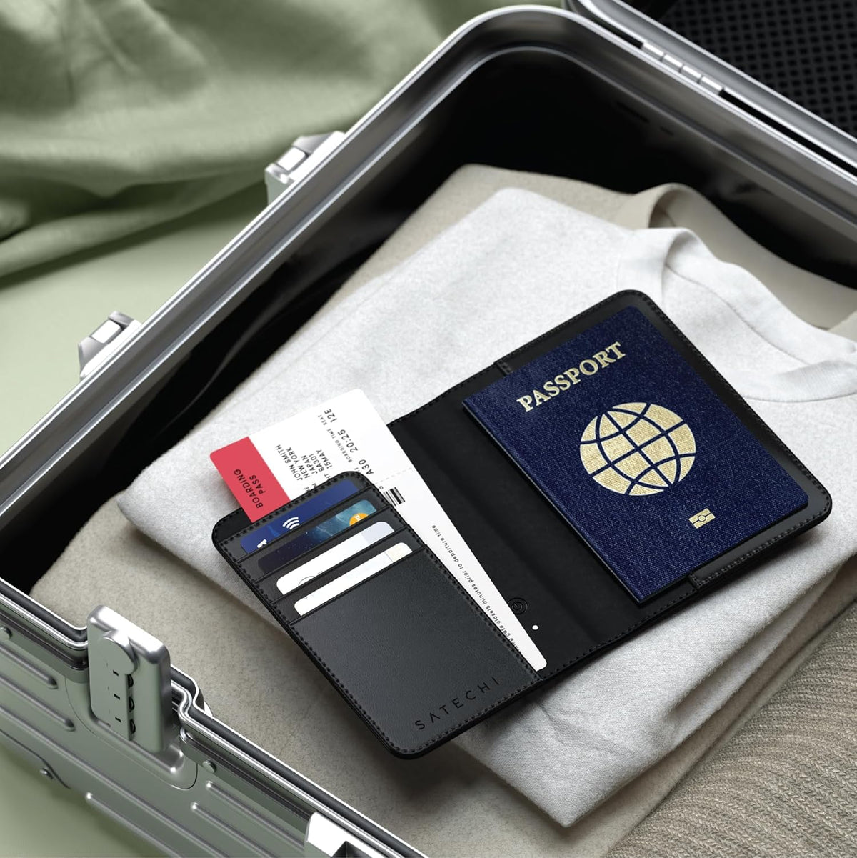 Passport Holder for Travel with Find My, Passport Cover with 4 Card Holder, Wireless Charging, and RFID protection – Travel Essential Vegan Leather Passport Holder – Black