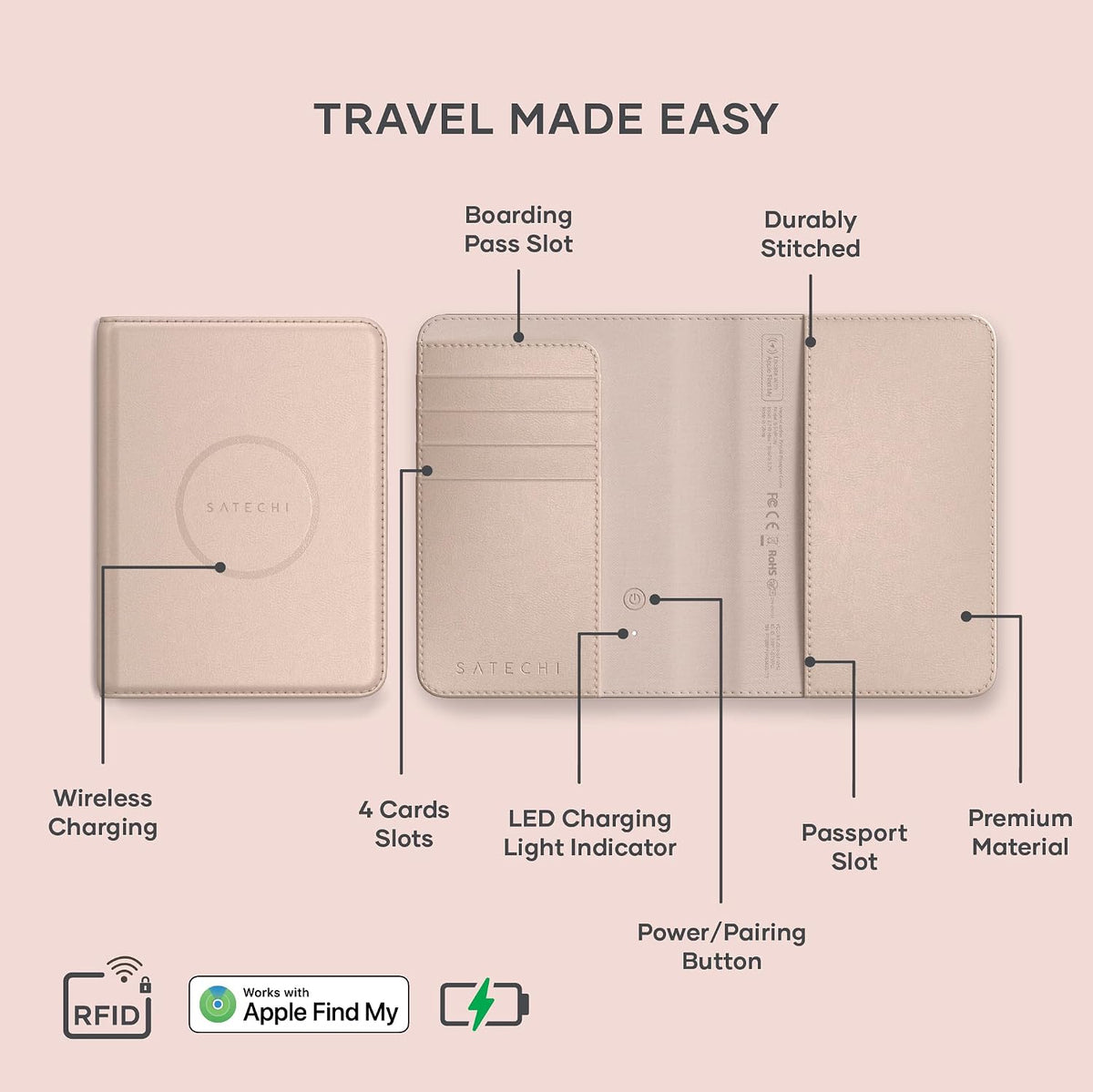 Passport Holder for Travel with Find My, Passport Cover with 4 Card Holder, Wireless Charging, and RFID protection – Travel Essential Vegan Leather Passport Holder – Black