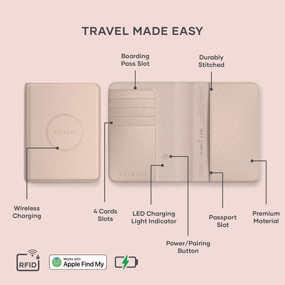 Passport Holder for Travel with Find My, Passport Cover with 4 Card Holder, Wireless Charging, and RFID protection – Travel Essential Vegan Leather Passport Holder – Black