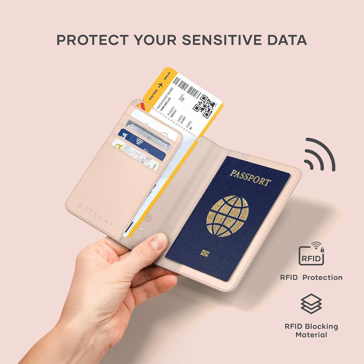 Passport Holder for Travel with Find My, Passport Cover with 4 Card Holder, Wireless Charging, and RFID protection – Travel Essential Vegan Leather Passport Holder – Black