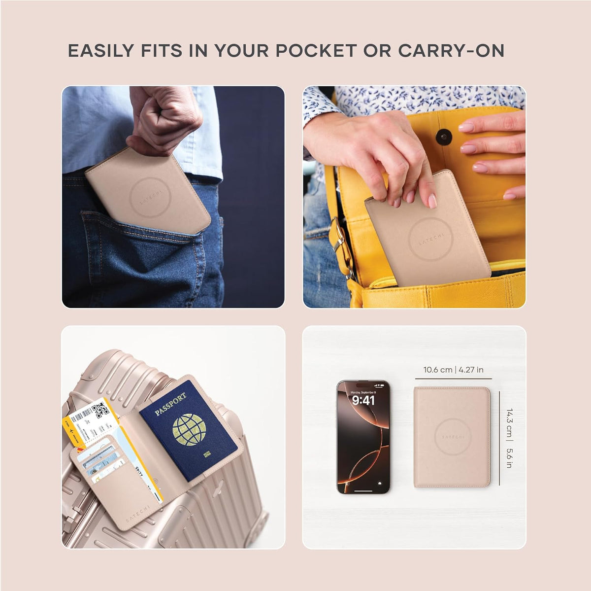 Passport Holder for Travel with Find My, Passport Cover with 4 Card Holder, Wireless Charging, and RFID protection – Travel Essential Vegan Leather Passport Holder – Black