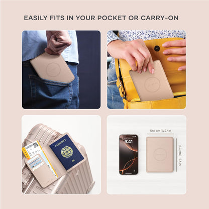 Passport Holder for Travel with Find My, Passport Cover with 4 Card Holder, Wireless Charging, and RFID protection – Travel Essential Vegan Leather Passport Holder – Black