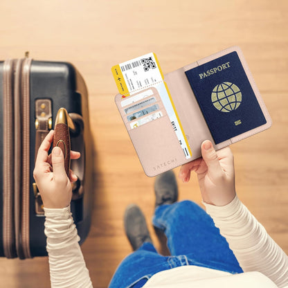 Passport Holder for Travel with Find My, Passport Cover with 4 Card Holder, Wireless Charging, and RFID protection – Travel Essential Vegan Leather Passport Holder – Black