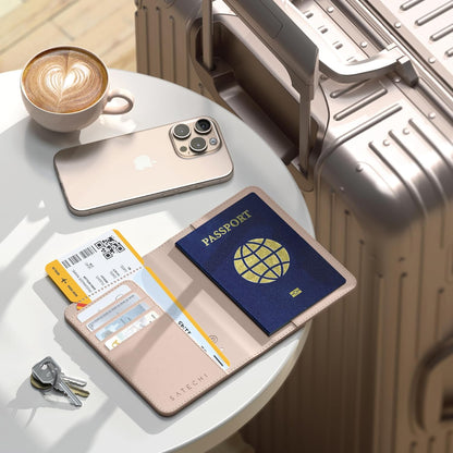 Passport Holder for Travel with Find My, Passport Cover with 4 Card Holder, Wireless Charging, and RFID protection – Travel Essential Vegan Leather Passport Holder – Black