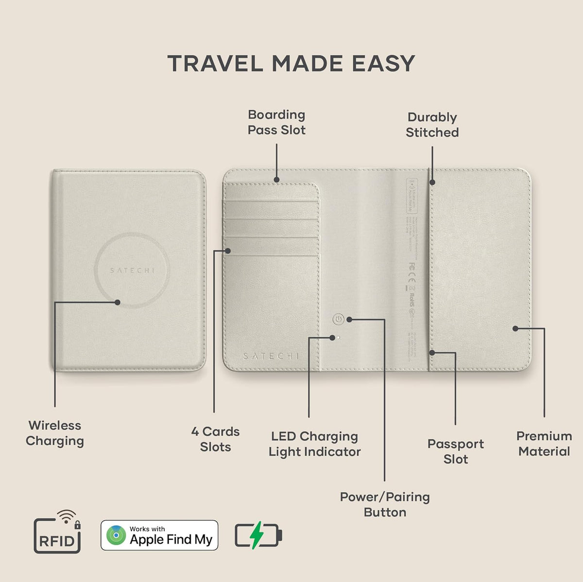 Passport Holder for Travel with Find My, Passport Cover with 4 Card Holder, Wireless Charging, and RFID protection – Travel Essential Vegan Leather Passport Holder – Black