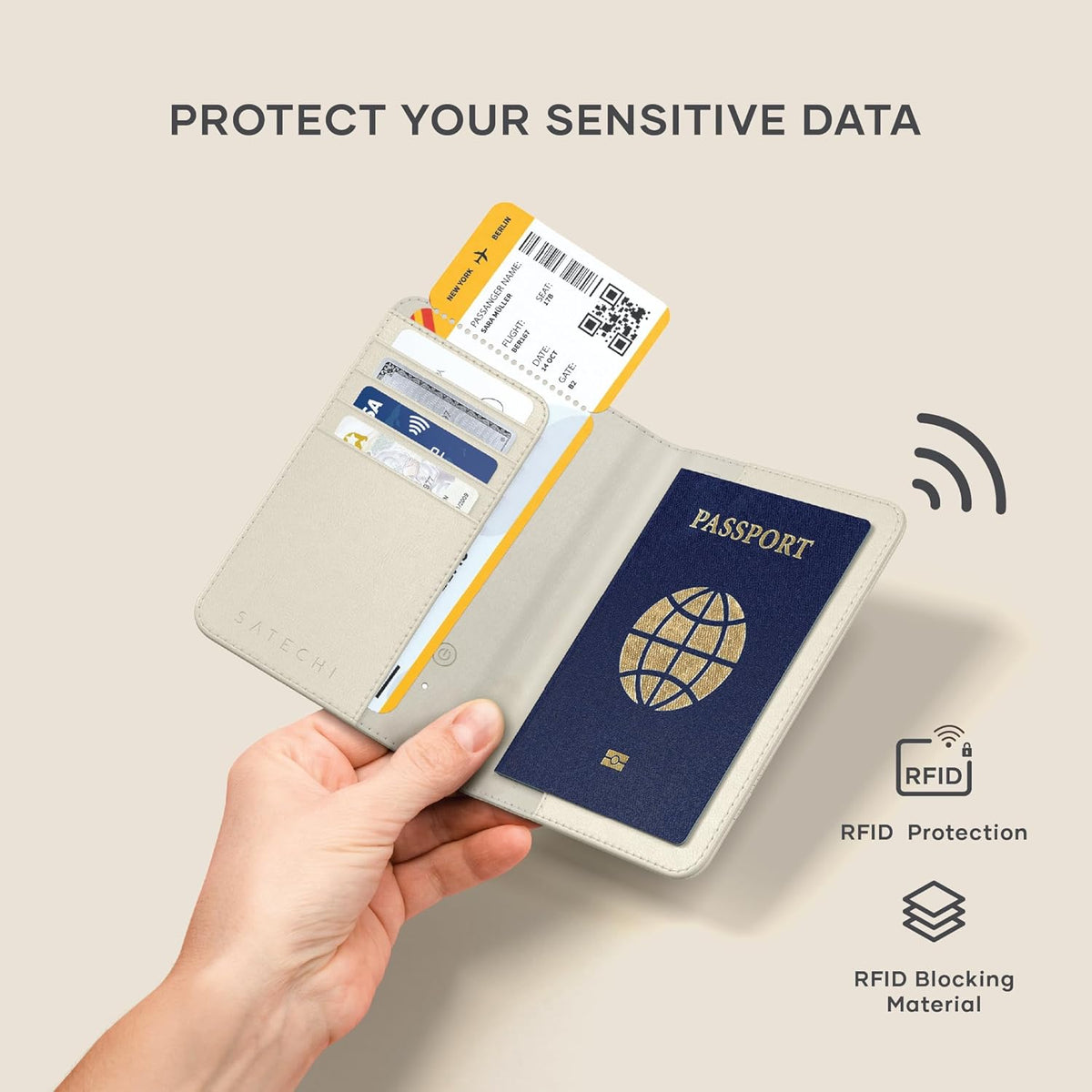 Passport Holder for Travel with Find My, Passport Cover with 4 Card Holder, Wireless Charging, and RFID protection – Travel Essential Vegan Leather Passport Holder – Black