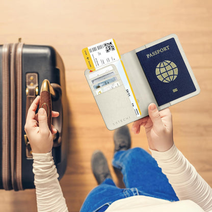 Passport Holder for Travel with Find My, Passport Cover with 4 Card Holder, Wireless Charging, and RFID protection – Travel Essential Vegan Leather Passport Holder – Black
