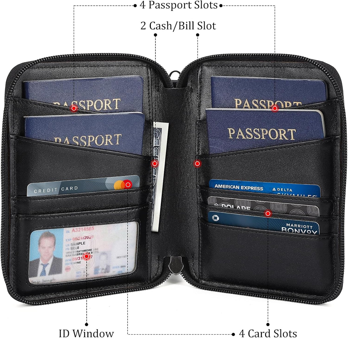 Polare Napa Leather Family Passport Wallet for 4 Passports, RFID Blocking Bifold Passport Cover Travel Document Organizer Holder (Black)