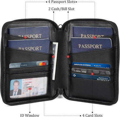 Polare Napa Leather Family Passport Wallet for 4 Passports, RFID Blocking Bifold Passport Cover Travel Document Organizer Holder (Black)