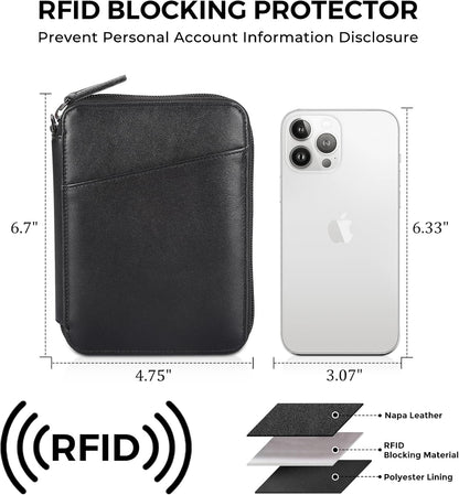 Polare Napa Leather Family Passport Wallet for 4 Passports, RFID Blocking Bifold Passport Cover Travel Document Organizer Holder (Black)