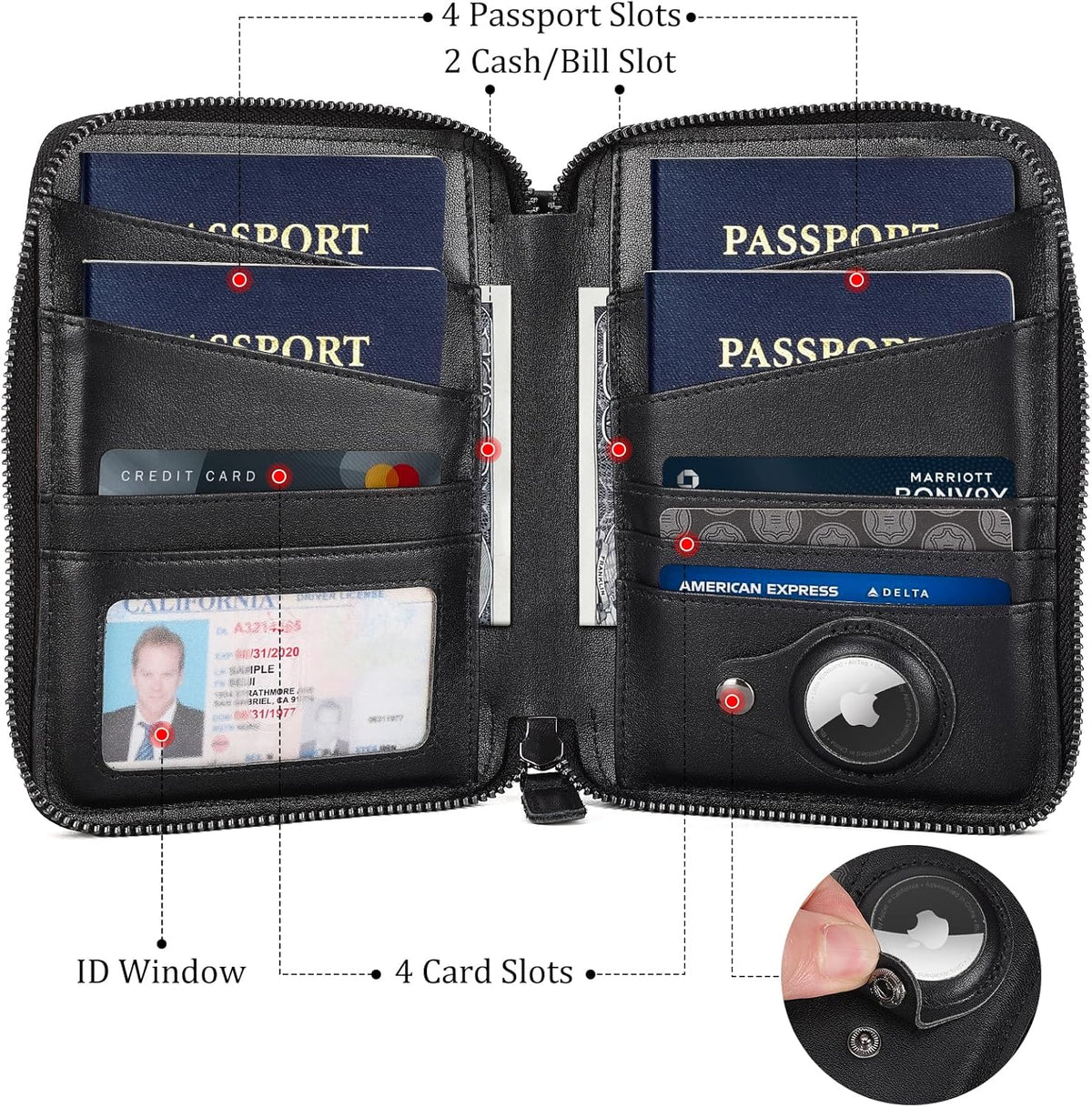 Polare Napa Leather Family Passport Wallet for 4 Passports, RFID Blocking Bifold Passport Cover Travel Document Organizer Holder (Black)