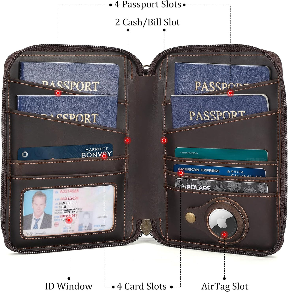 Polare Napa Leather Family Passport Wallet for 4 Passports, RFID Blocking Bifold Passport Cover Travel Document Organizer Holder (Black)