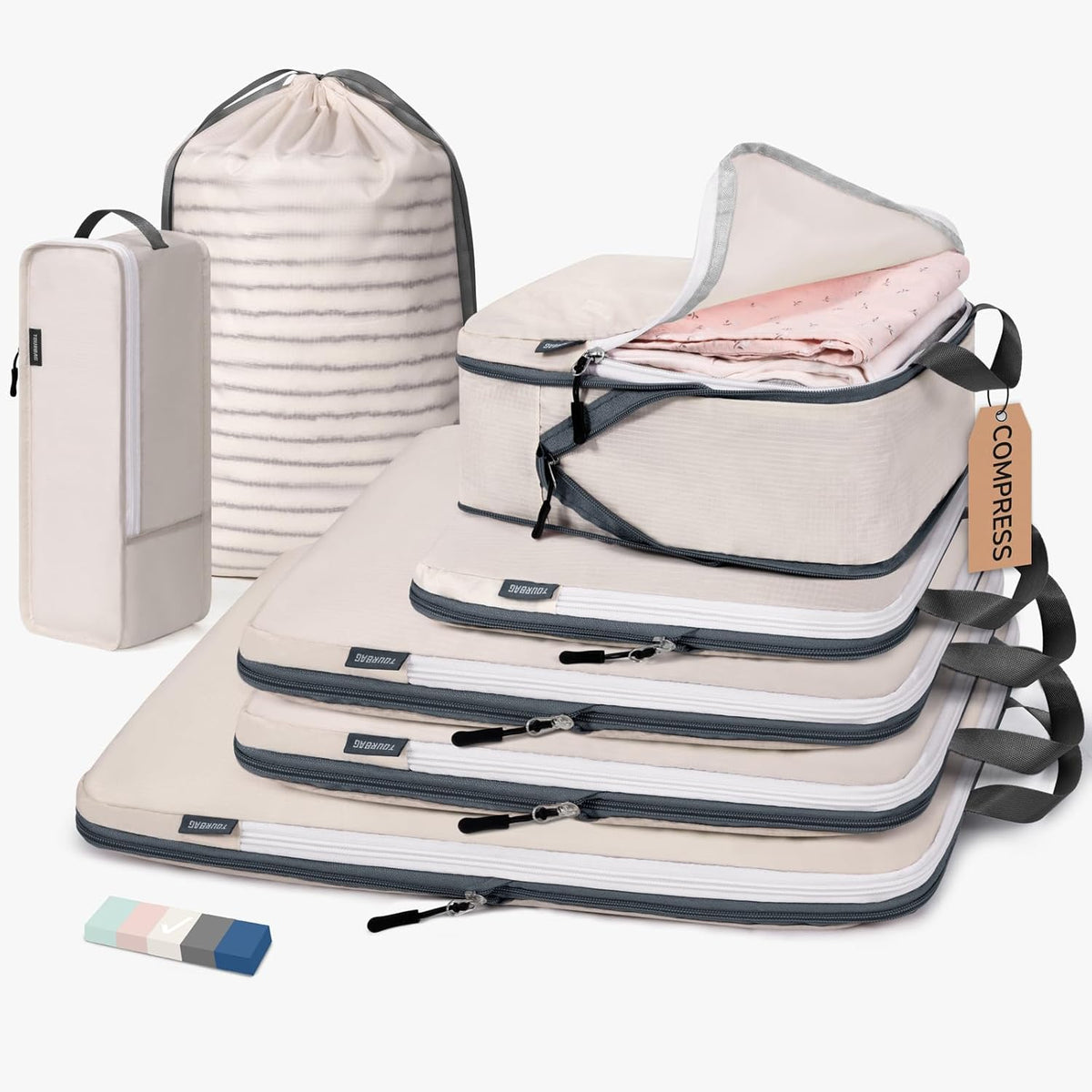 Compression Packing Cubes, 7 Set Packing Cubes Compression, Travel Essentials, Travel Organizer for Shoes, Clothing, Grey