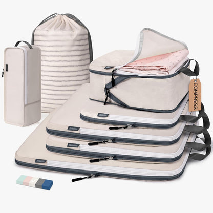 Compression Packing Cubes, 7 Set Packing Cubes Compression, Travel Essentials, Travel Organizer for Shoes, Clothing, Grey