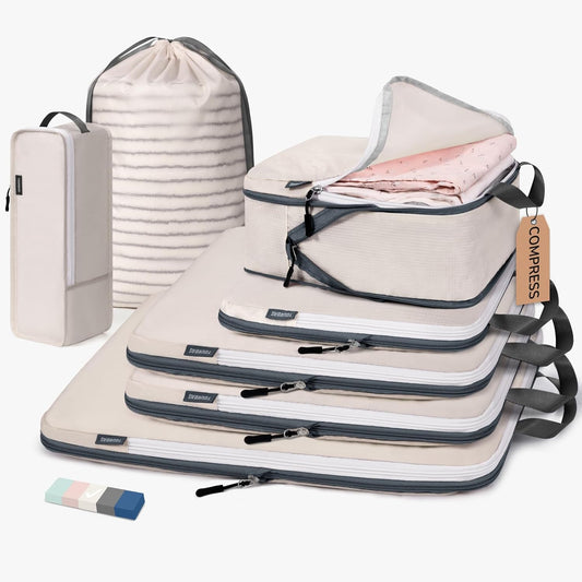 Compression Packing Cubes, 7 Set Packing Cubes Compression, Travel Essentials, Travel Organizer for Shoes, Clothing, Grey