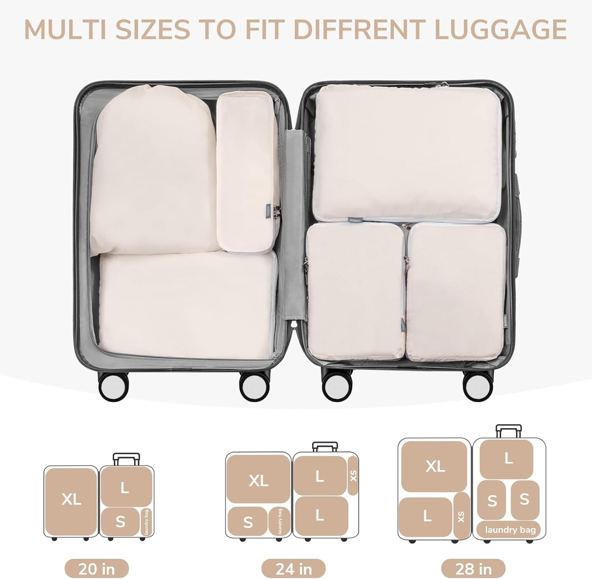 Compression Packing Cubes, 7 Set Packing Cubes Compression, Travel Essentials, Travel Organizer for Shoes, Clothing, Grey