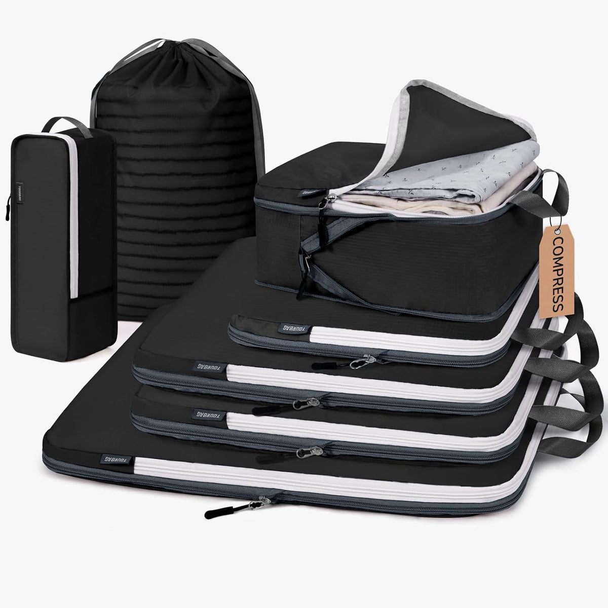 Compression Packing Cubes, 7 Set Packing Cubes Compression, Travel Essentials, Travel Organizer for Shoes, Clothing, Grey