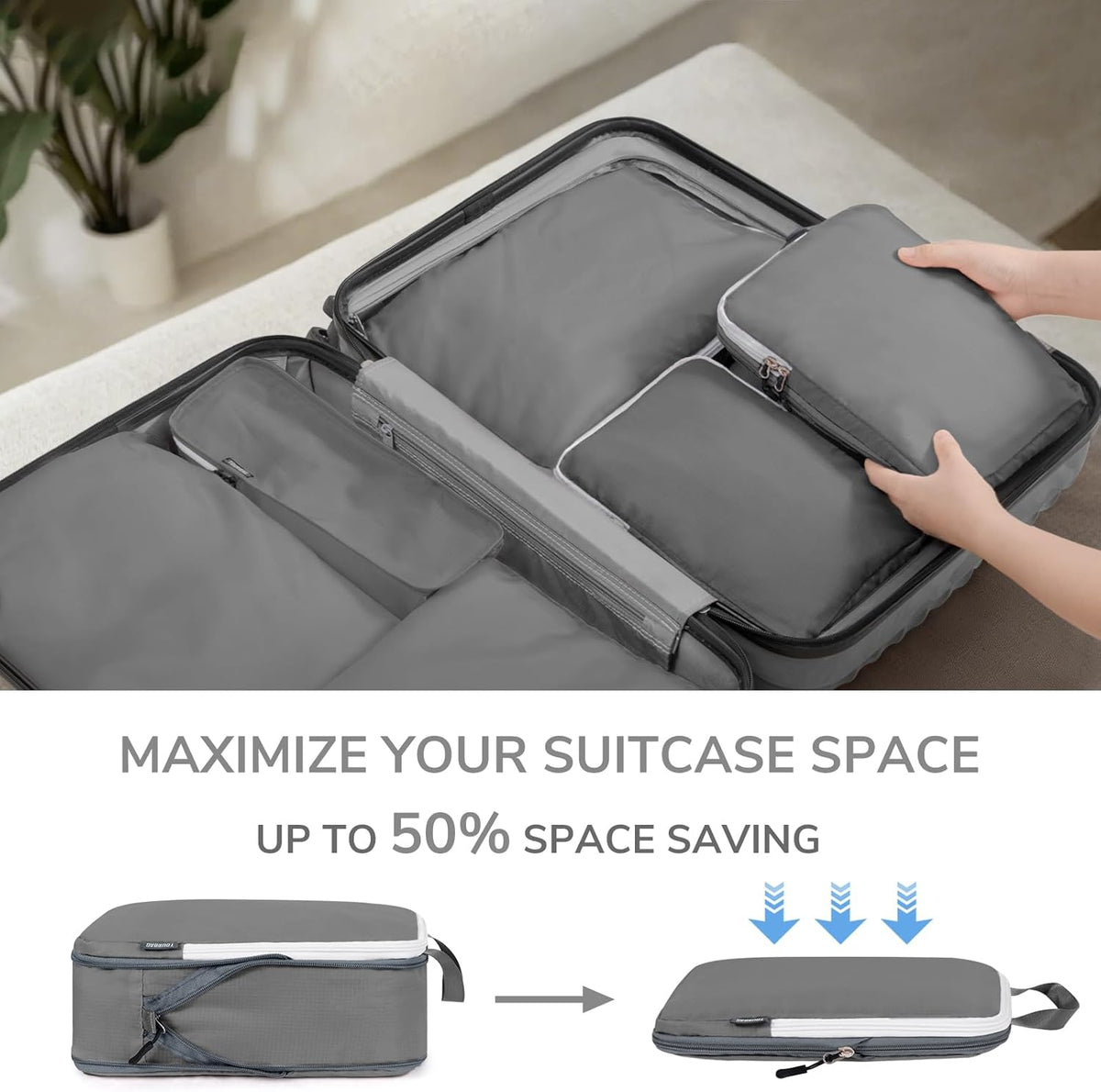 Compression Packing Cubes, 7 Set Packing Cubes Compression, Travel Essentials, Travel Organizer for Shoes, Clothing, Grey