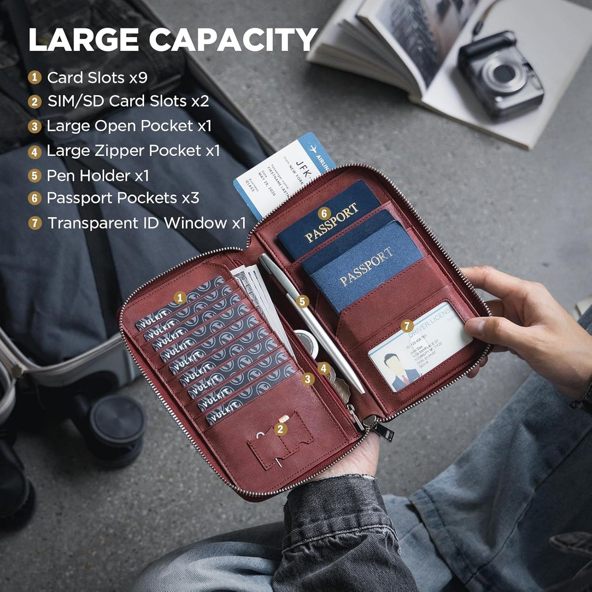Passport Holder for Travel Family, Multiple Travel Document Holder Wallet for a Family of 3-4, RFID Blocking Passport Bag, Document Organizer Pouch for Credit Cards, ID, Sim Card, Cash, Coins