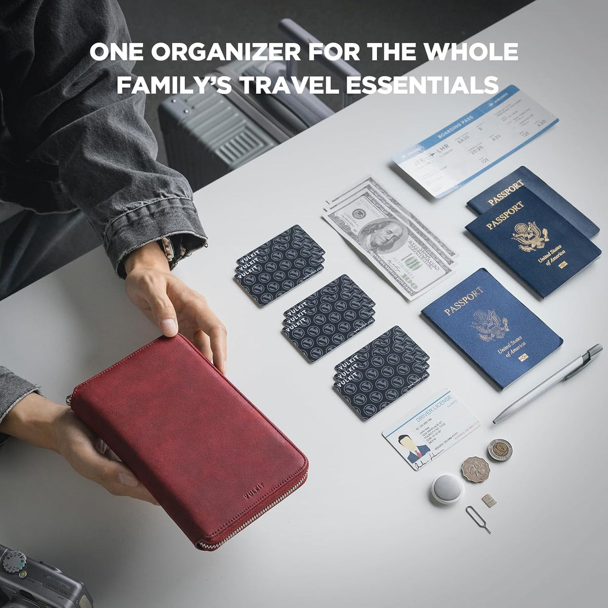 Passport Holder for Travel Family, Multiple Travel Document Holder Wallet for a Family of 3-4, RFID Blocking Passport Bag, Document Organizer Pouch for Credit Cards, ID, Sim Card, Cash, Coins