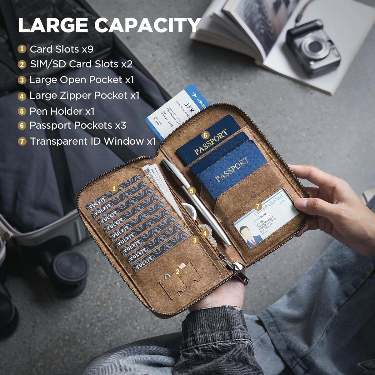 Passport Holder for Travel Family, Multiple Travel Document Holder Wallet for a Family of 3-4, RFID Blocking Passport Bag, Document Organizer Pouch for Credit Cards, ID, Sim Card, Cash, Coins
