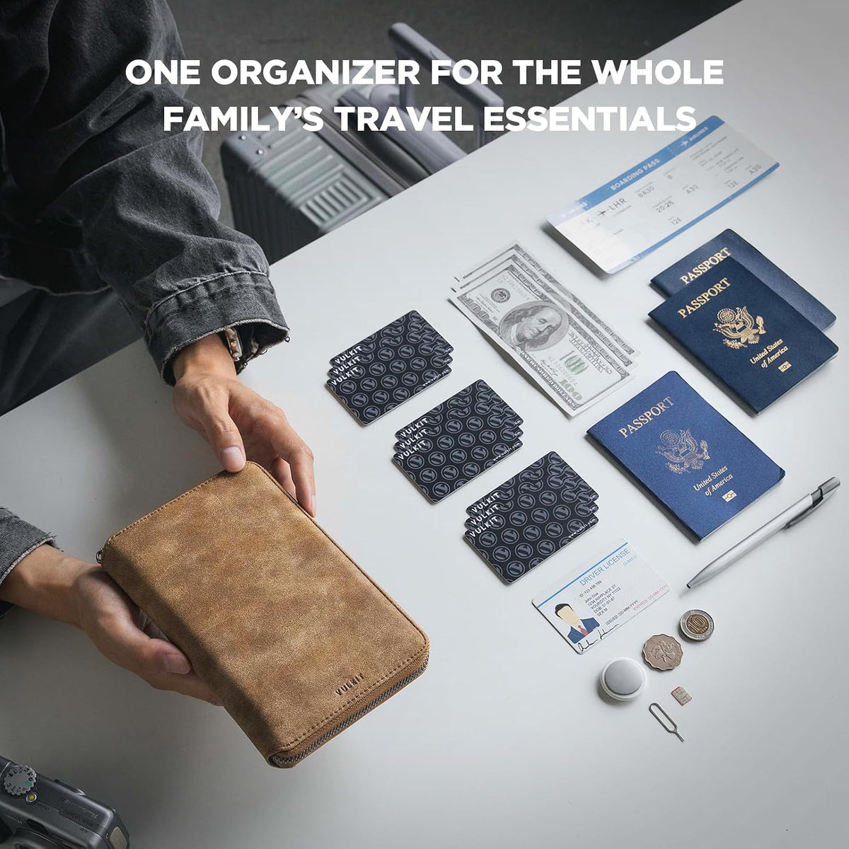 Passport Holder for Travel Family, Multiple Travel Document Holder Wallet for a Family of 3-4, RFID Blocking Passport Bag, Document Organizer Pouch for Credit Cards, ID, Sim Card, Cash, Coins