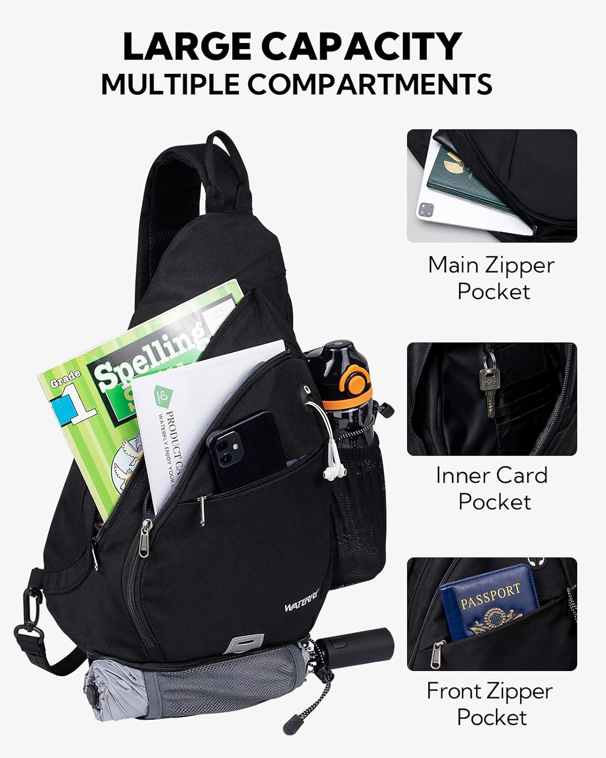 Large Sling Bag Crossbody Backpack Chest Pack for Men Women | 18L, Water resistant hiking daypack, 7 pockets for 13" Tablet, water bottle & umbrella pockets, Outdoor travel shoulder bag