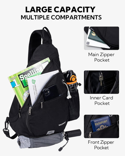 Large Sling Bag Crossbody Backpack Chest Pack for Men Women | 18L, Water resistant hiking daypack, 7 pockets for 13" Tablet, water bottle & umbrella pockets, Outdoor travel shoulder bag
