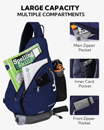Large Sling Bag Crossbody Backpack Chest Pack for Men Women | 18L, Water resistant hiking daypack, 7 pockets for 13" Tablet, water bottle & umbrella pockets, Outdoor travel shoulder bag