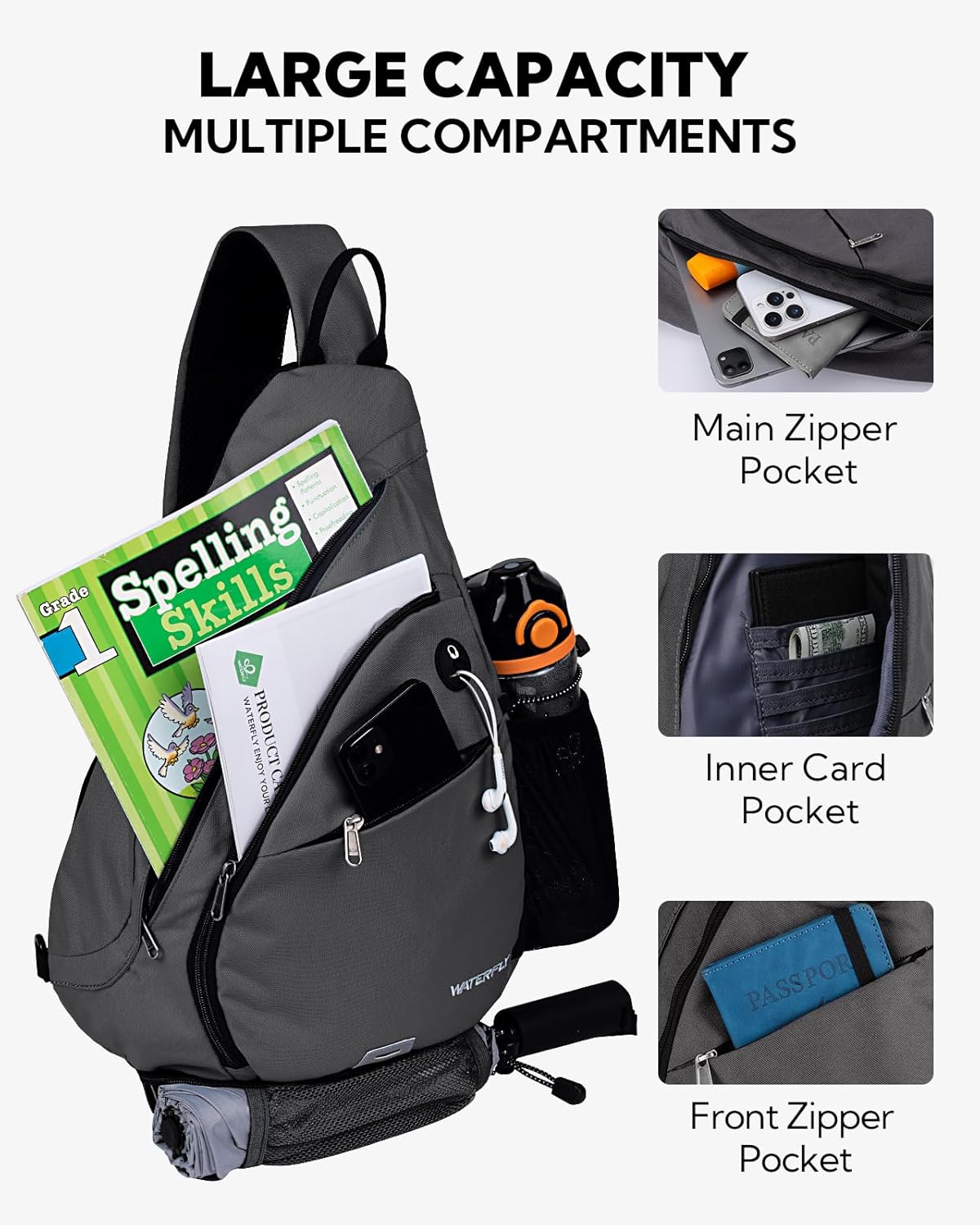 Large Sling Bag Crossbody Backpack Chest Pack for Men Women | 18L, Water resistant hiking daypack, 7 pockets for 13" Tablet, water bottle & umbrella pockets, Outdoor travel shoulder bag