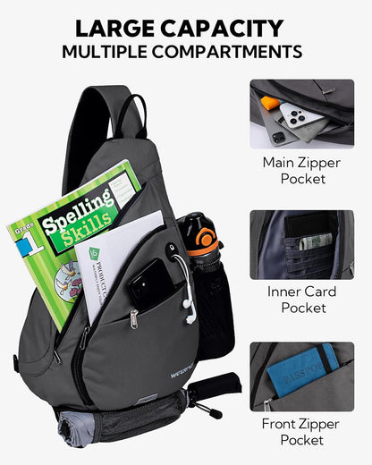 Large Sling Bag Crossbody Backpack Chest Pack for Men Women | 18L, Water resistant hiking daypack, 7 pockets for 13" Tablet, water bottle & umbrella pockets, Outdoor travel shoulder bag