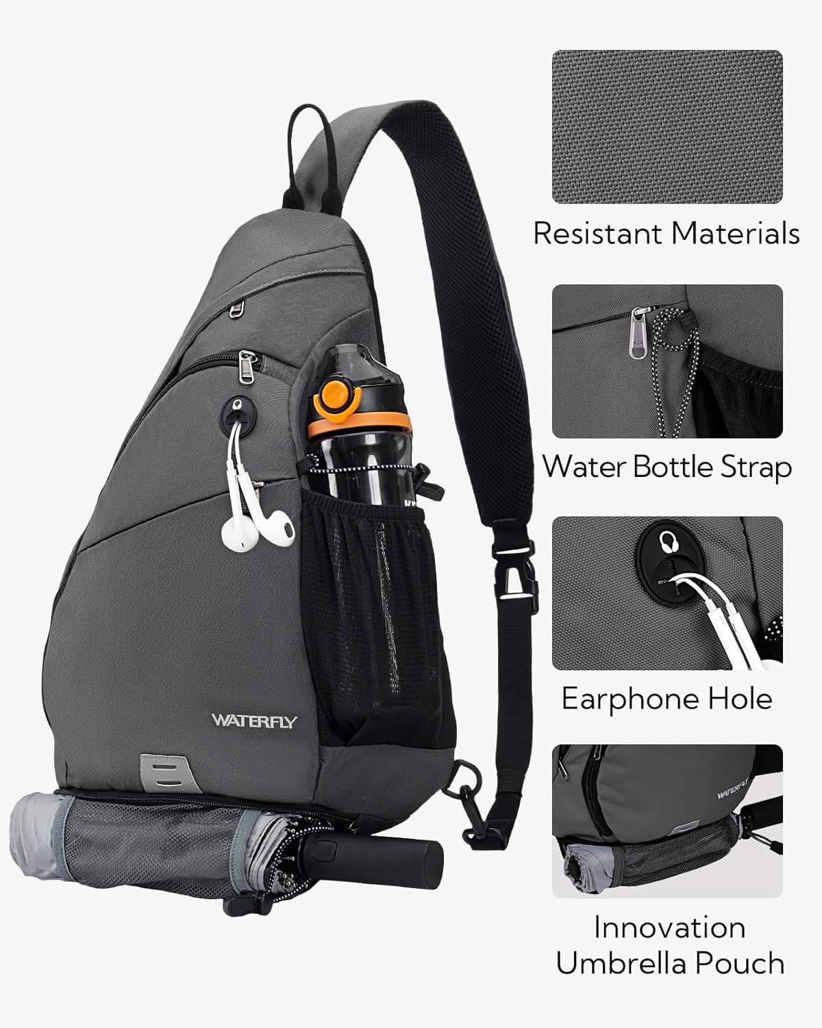 Large Sling Bag Crossbody Backpack Chest Pack for Men Women | 18L, Water resistant hiking daypack, 7 pockets for 13" Tablet, water bottle & umbrella pockets, Outdoor travel shoulder bag