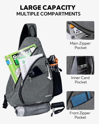 Large Sling Bag Crossbody Backpack Chest Pack for Men Women | 18L, Water resistant hiking daypack, 7 pockets for 13" Tablet, water bottle & umbrella pockets, Outdoor travel shoulder bag