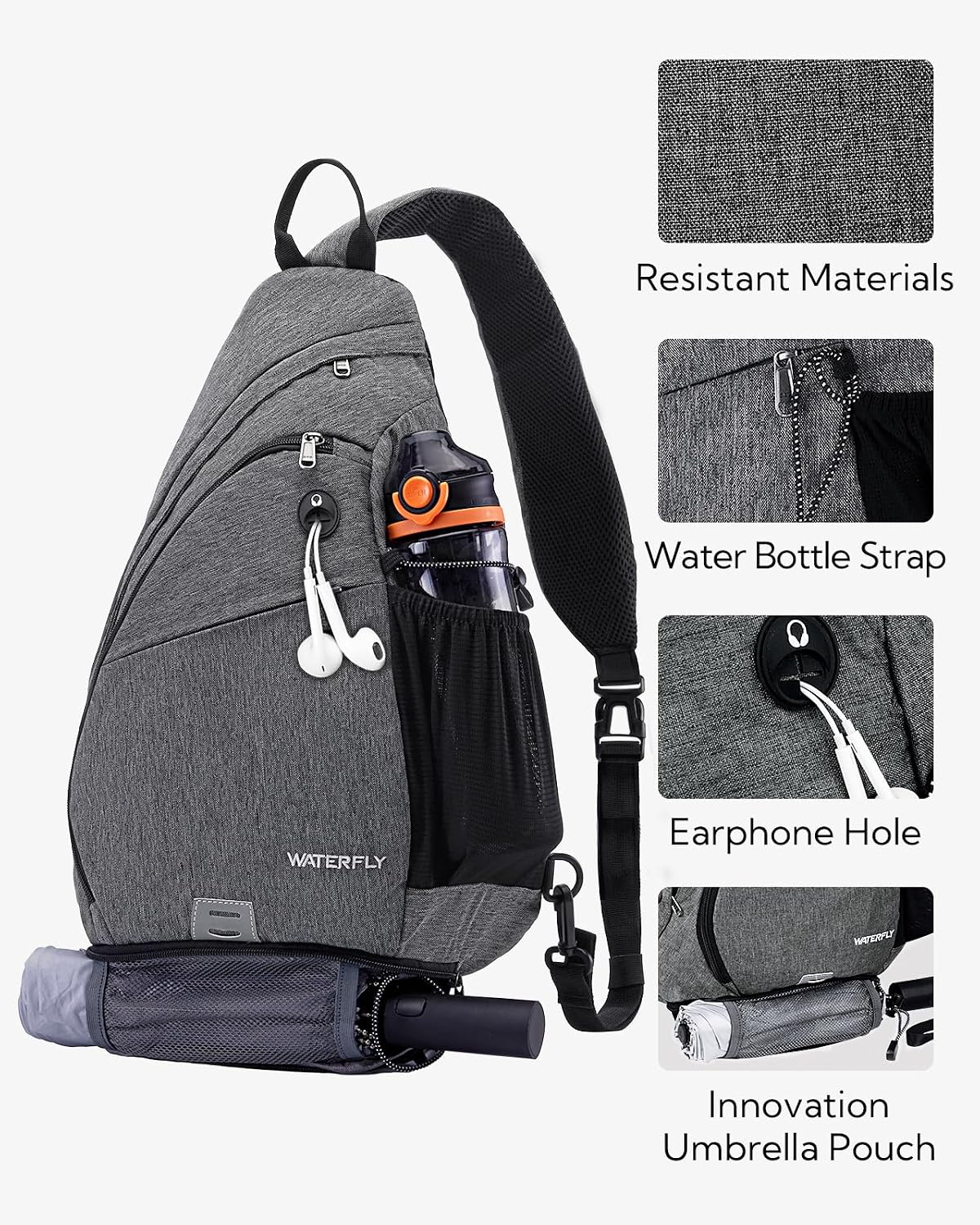 Large Sling Bag Crossbody Backpack Chest Pack for Men Women | 18L, Water resistant hiking daypack, 7 pockets for 13" Tablet, water bottle & umbrella pockets, Outdoor travel shoulder bag