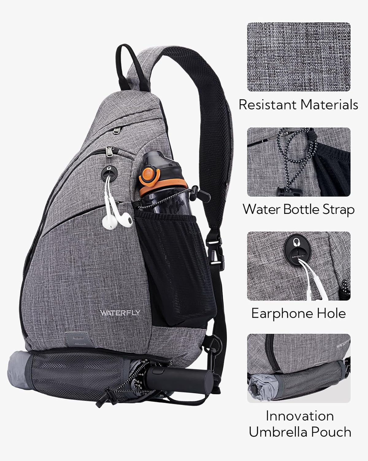 Large Sling Bag Crossbody Backpack Chest Pack for Men Women | 18L, Water resistant hiking daypack, 7 pockets for 13" Tablet, water bottle & umbrella pockets, Outdoor travel shoulder bag