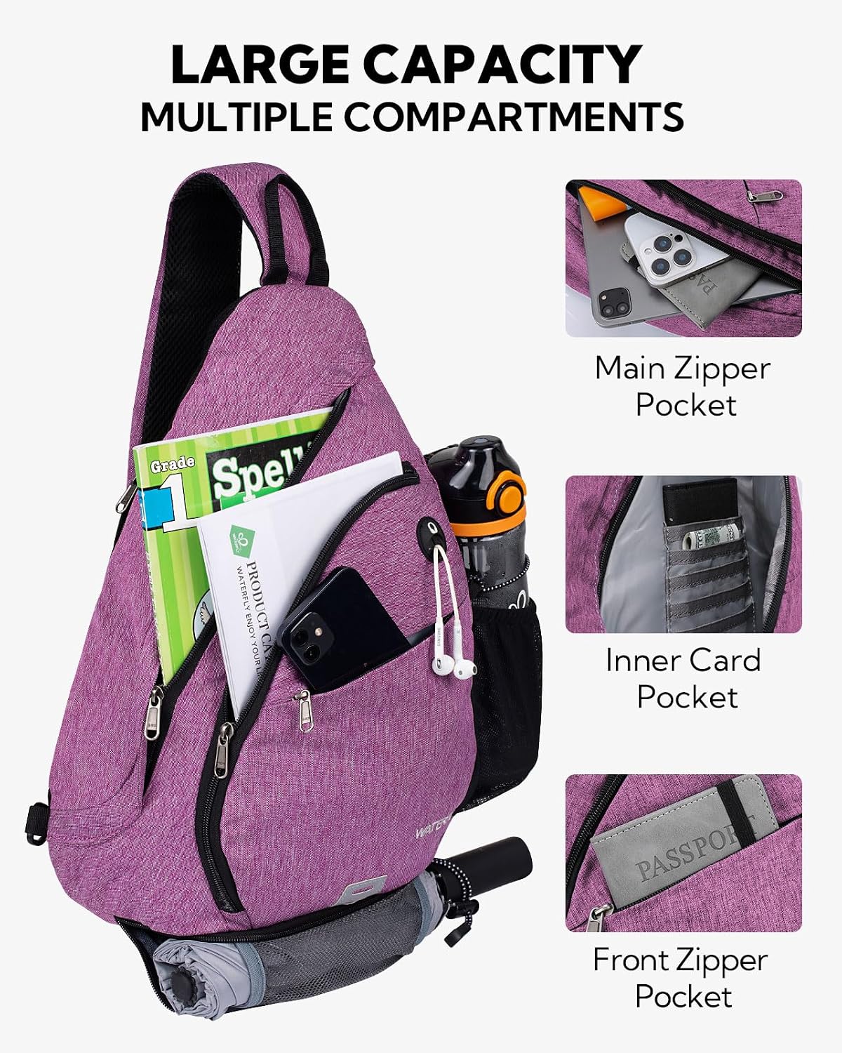 Large Sling Bag Crossbody Backpack Chest Pack for Men Women | 18L, Water resistant hiking daypack, 7 pockets for 13" Tablet, water bottle & umbrella pockets, Outdoor travel shoulder bag