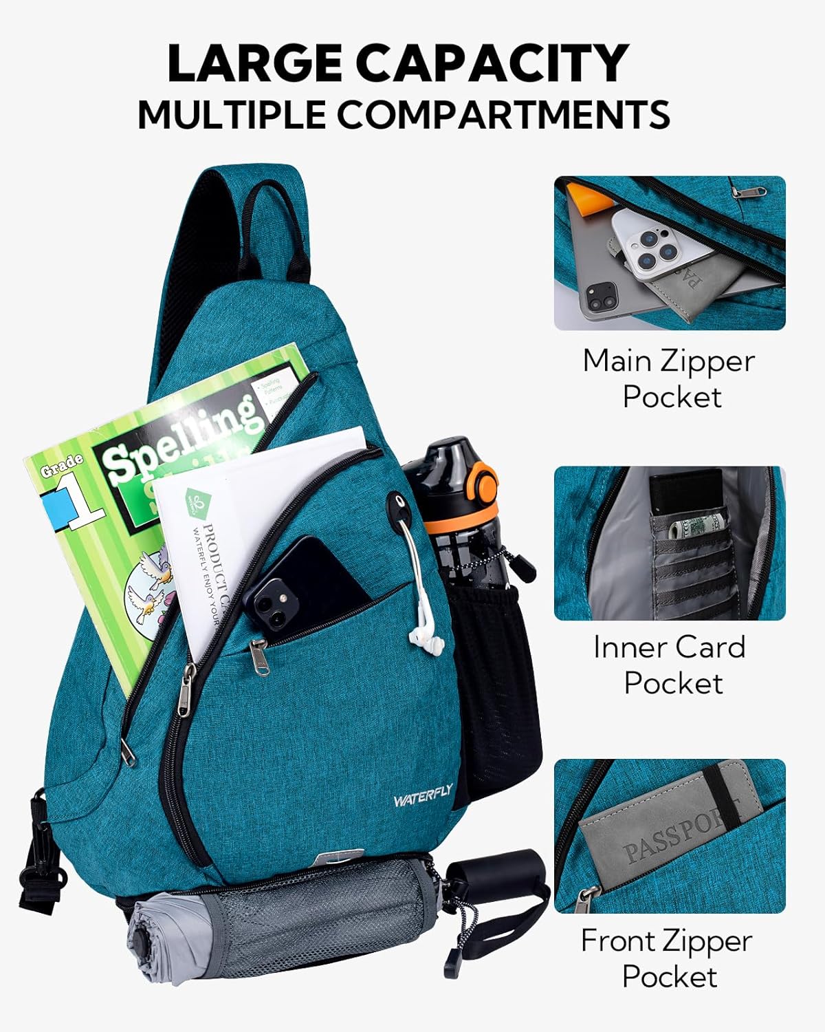 Large Sling Bag Crossbody Backpack Chest Pack for Men Women | 18L, Water resistant hiking daypack, 7 pockets for 13" Tablet, water bottle & umbrella pockets, Outdoor travel shoulder bag