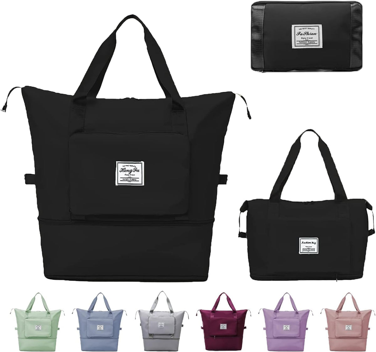 Large Capacity Travel Bag, Expandable Duffel Bag-Water-Resistant Foldable Carry-On with Wet/Dry Compartments | Large Capacity Travel Bag for Gym, Weekends & Overnight Trips (Black)
