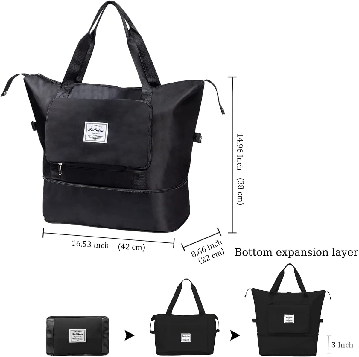 Large Capacity Travel Bag, Expandable Duffel Bag-Water-Resistant Foldable Carry-On with Wet/Dry Compartments | Large Capacity Travel Bag for Gym, Weekends & Overnight Trips (Black)
