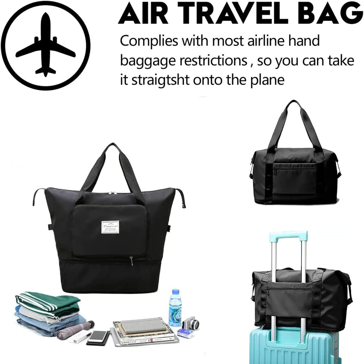 Large Capacity Travel Bag, Expandable Duffel Bag-Water-Resistant Foldable Carry-On with Wet/Dry Compartments | Large Capacity Travel Bag for Gym, Weekends & Overnight Trips (Black)